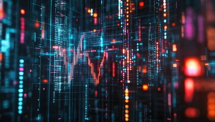 Obraz premium Visualizing Data Streams: Abstract Digital Cityscape with Dynamic Charts and Codes, Representing Information Flow in Cyberspace.