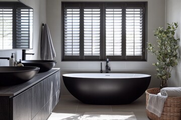 Modern bathroom design featuring sleek black fixtures and natural light in a stylish, minimalist setting
