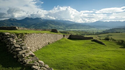 Ancient stone wall ruins, mountain valley vista, travel destination