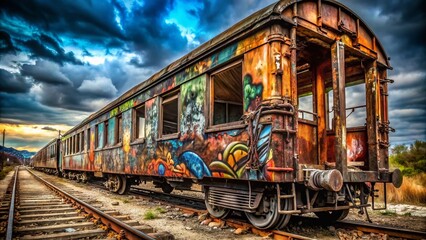 Rustic Train Car, Spray Paint Graffiti Art, Vintage Railway Carriage, Grunge Texture, Deep Depth of Field