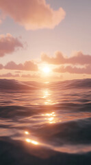 Obraz premium 3D render of a realistic sunset over the ocean, with a beautiful light pink sky and glowing sun rays reflected on the water surface Surreal background