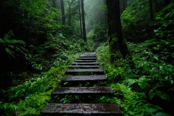 Forest path with stairs ascends through lush, dense woodland in misty environment
