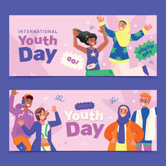 Hand drawn flat international youth day horizontal banner template set