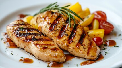 Grilled chicken breast served with vegetables and sauce on a white plate