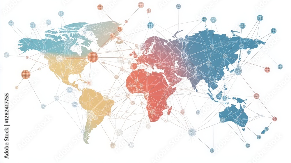 Poster a global network diagram showing the interconnected nodes of blockchain technology, supporting the t
