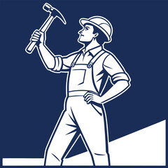 Proud Builder, Hammer in Hand. Happy Labor Day Vector Illustration man USA trade craft    