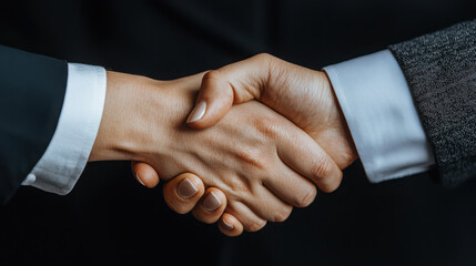 Obraz premium Focused Businesswoman in a Conference Meeting Discussion. Handshake between two business professionals in formal attire.