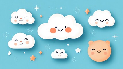 Brightly colored whimsical design with playful clouds and faces