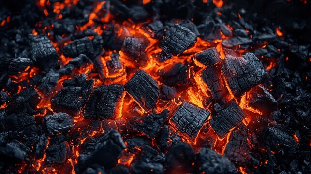 Glowing charcoal embers in a dark setting