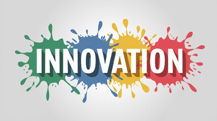 A vibrant and colorful design showcasing the word "INNOVATION" with bold, colorful splashes, representing creativity, progress, and modernity in a dynamic and energetic style.