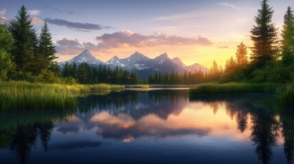 Obraz premium Serene mountain landscape reflecting in a tranquil lake at sunset