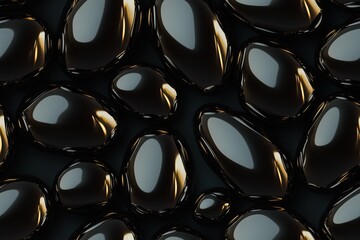 Seamless Gold Obsidian glossy black blobs with a shiny surface, creating an abstract pattern. The blobs vary in size and shape, reflecting light and creating a smooth texture.