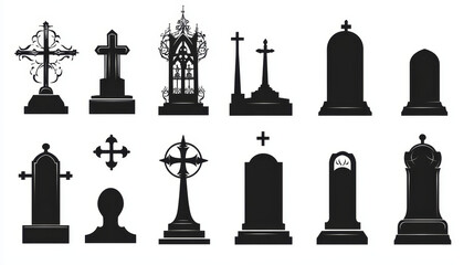 Gravestone and tombstone silhouettes. Tomb stone and headstone. Cemetery graves with Christian ringed crosses and Islam crescent, graveyard pedestals isolated vector silhouettes set