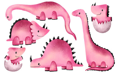Girly pink dinosaur, dino reptile monster collection. Funny pink dinosaur isolated on white bacground set. Cartoon cute character hand drawn illustration.  Perfect  for  design postcards, calendars 