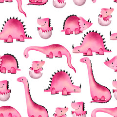 Girly pink dinosaur, dino reptile monster seamless pattern Funny pink dinosaur isolated on white bacground. Cartoon cute character hand drawn.  Perfect  for  design clothing, nursery
