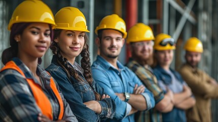 Diverse construction team standing confidently together portrait image. Industrial teamwork unity picture photorealistic photography. Skilled laborers occupation concept photo realistic