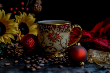 Cup of Coffee Surrounded by Red and Gold Christmas Decorations – Festive Holiday Vibes