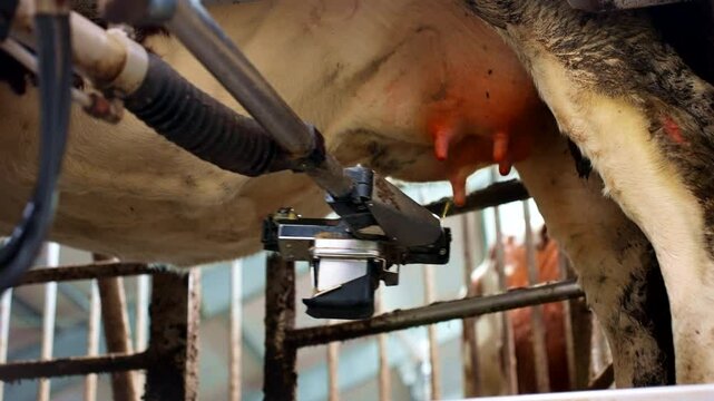 Post-milking teat disinfection spray on cow udder to control contagious mastitis