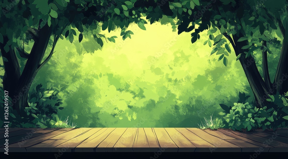 Poster Wooden table in lush forest, sunlight backdrop, nature scene, product display