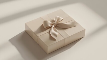 Simple and elegant gift box wrapped with cream ribbon on light background