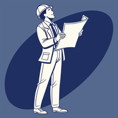 Confident Engineer Holding Blueprint. Labor Day Vector Graphic man job male work skill    