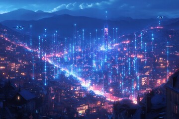 Obraz premium Futuristic Cityscape at Night: A Symphony of Light and Technology