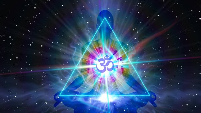 Silhouette of a meditating person with triangle effect and omm symbol