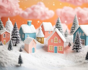 Fototapeta premium Winter Village Houses: Snowy Landscape Miniature, Christmas Holiday Scene with Pastel Colors, Festive Decor, Cute Tiny Homes