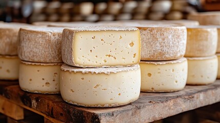 Stacked cheese wheels on wooden market stall, many cheeses in background