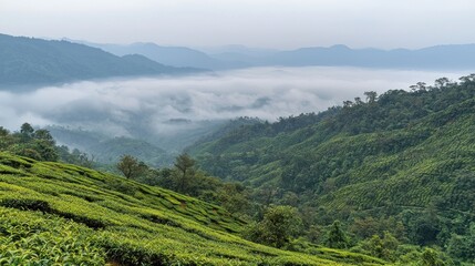 Obraz premium Misty mountain valley with tea plantation