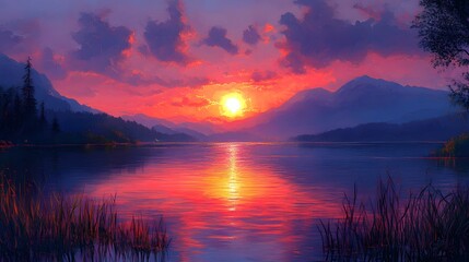 Fototapeta premium Colorful Sunset Over Tranquil Lake Surrounded by Majestic Mountain Peaks