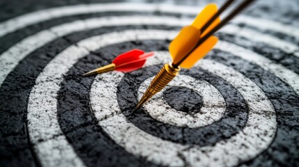 Two darts hit a dartboard with one narrowly missing the bullseye in a competitive setting