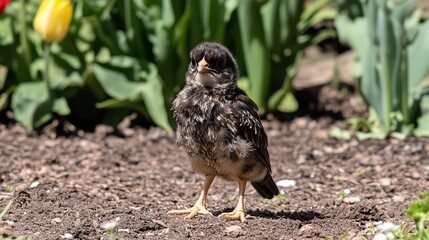 Fledgling bird garden spring tulips ground
