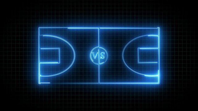 Animation of neon sports stadium on black background with neon lights ,Neon Green basketball court animation on grid background