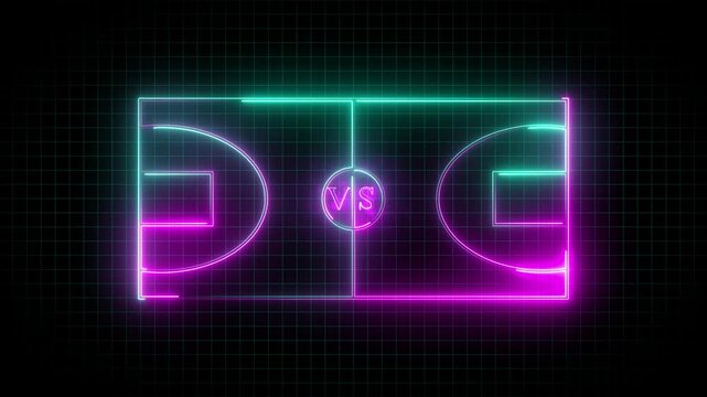 Animation of neon sports stadium on black background with neon lights ,Neon purple and cyan basketball court animation on grid background