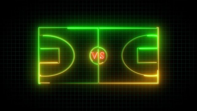 Animation of neon sports stadium on black background with neon lights ,Neon yellow and green basketball court animation on grid background