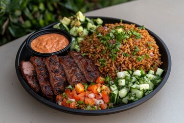 Healthy food bowl with meat, rice, and vegetables on plate in garden setting
