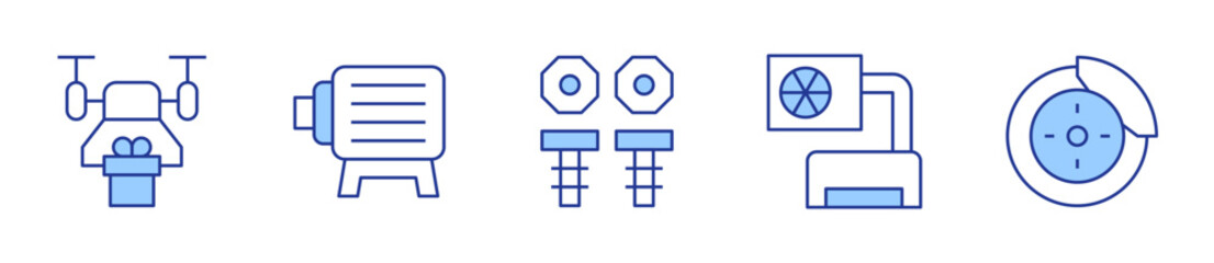 air conditioner, brake disc, drone, electric motor, screw. Engineering Icon vector illustration. Line Duotone style. Editable stroke