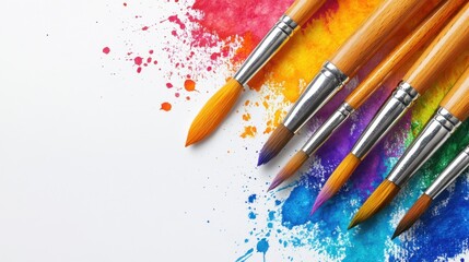 Obraz premium Three paintbrushes and various paint colors arranged on a clean white surface for artistic use