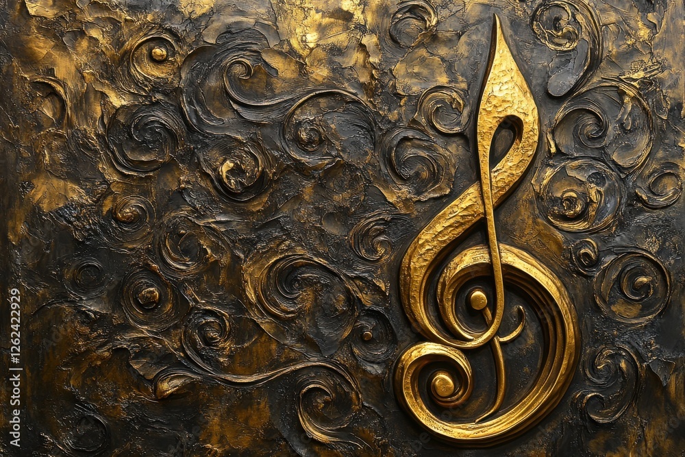 Poster stylized golden treble clef against a textured black and gold background adds depth to artistic expr
