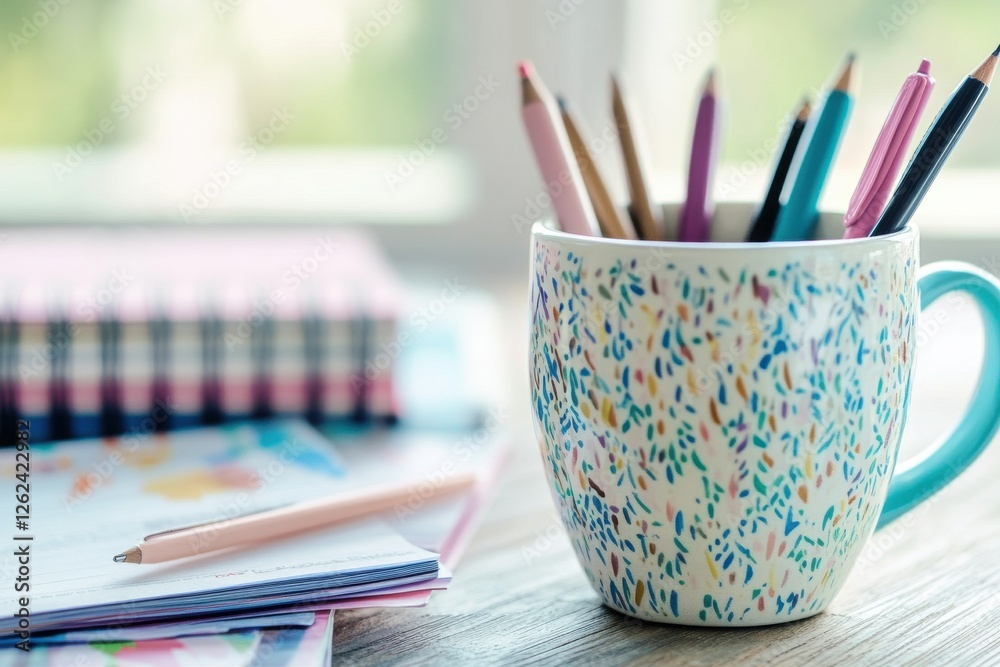 Poster creative workspace with colorful pencils in a decorative mug beside notebooks and a pen on a wooden 