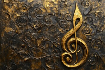 Stylized golden treble clef against a textured black and gold background adds depth to artistic expression in music