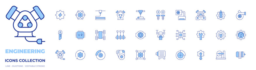 Engineering icons collection. Line Duotone style, editable stroke. d printer, air conditioner, belt, brake, brake disc, car engine, chip, crankshaft, drone, electric motor, engine, engineer.