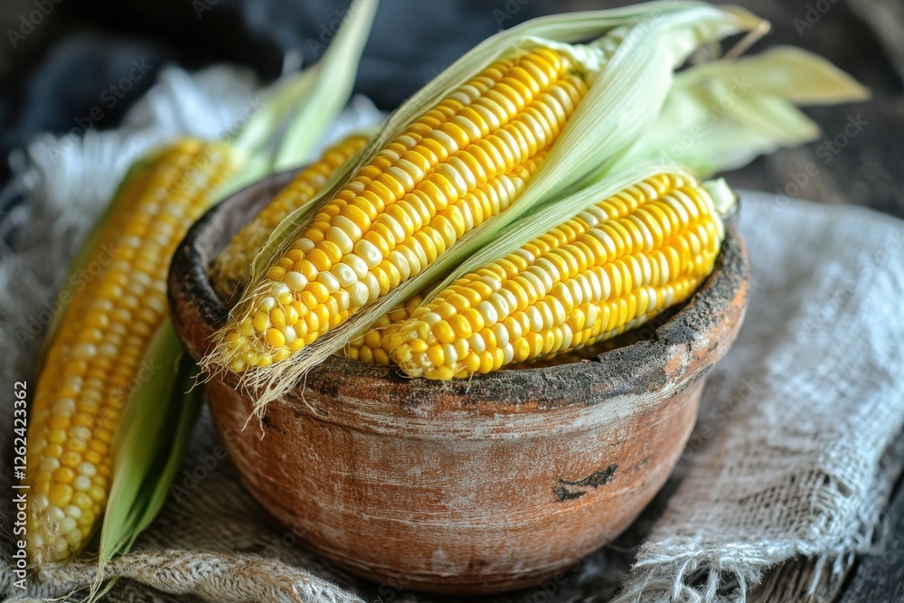Poster Freshly harvested corn displayed in a rustic bowl on a textured fabric background during a bright afternoon