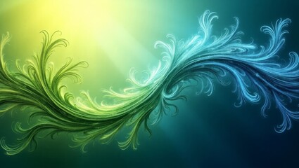Abstract representation of renewable energy flow, with vibrant green and blue strands symbolizing sustainability, energy, and motion in a digital, generate AI