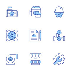 Engineering icons set. Line Duotone style, editable stroke. automation, car engine, contract, engineering, manifold, radiator, turbine, turbo