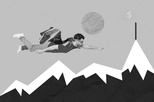Collage photo of young superhero man flying fast goal achievement finish line flag get money become rich career hills isolated on drawing background