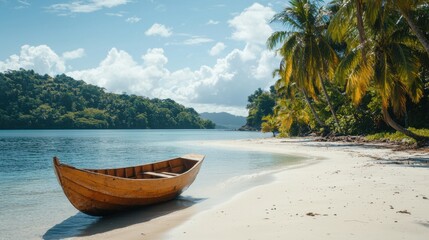 Boat resting on sandy beach surrounded by tropical palm trees under a clear blue sky