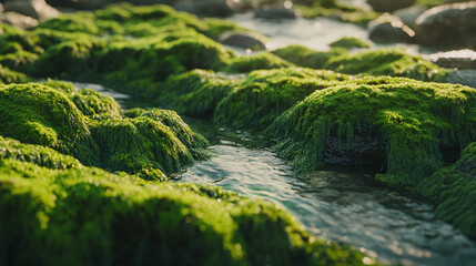 moss covered rocks on the sea