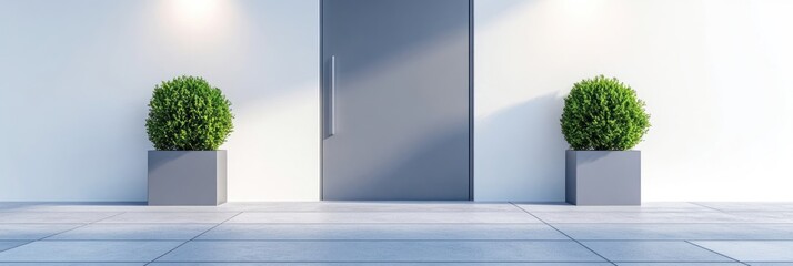 Fototapeta premium Modern building entrance with gray door and potted plants